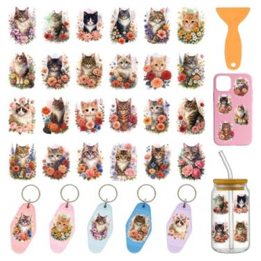 Imagem de GOMAKERER 120 peças 2 estilos animal motel chaveiro adesivos, gato e flor UV DTF adesivos de transferência à prova d'água adesivo de transferência decalque esfregar em transferências para hotel