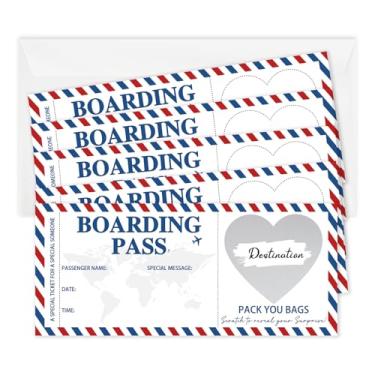 Imagem de Conjunto de 5 cartões de raspadinha de embarque com envelopes, cartão de raspadinha de bilhete de viagem faça você mesmo, cartões de raspar e revelar de 9 x 20 cm, presente de bilhete de viagem