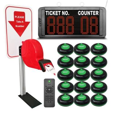 Imagem de KOQICALL Sistema de chamadas sem fio para clientes com 1 visor de LED Show Ticket e Counter Number 15 à prova d'água botão de próxima chamada 1 suporte de dispensador de bilhetes vermelho