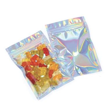 Imagem de Sacos Mylar com selo de zíper 10 x 15 cm | 100 sacos | holográfico arco-íris | Sacos seláveis por calor seláveis para embalagens de doces e alimentos, medicamentos e vitaminas | Para líquidos e