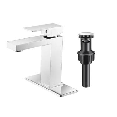 Imagem de PONAFOU Torneira de banheiro cromada, alça única, furo único, torneira de pia de banheiro com ralo pop-up e deck, para torneira misturadora de lavatório RV pia fazenda