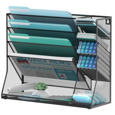 Imagem de JMHUD Organizador de arquivos de parede, organizador de parede de 5 camadas para escritório com 4 compartimentos para canetas, suporte vertical para pasta de arquivos com bandeja inferior em forma de
