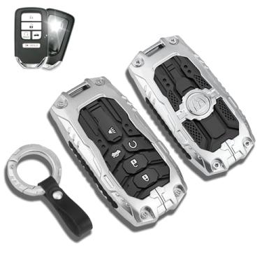 Imagem de QBUC Capa de chaveiro Honda com chaveiro - capa de liga de zinco pesada e capa de silicone para proteção dupla - compatível com Honda Accord Civic HR-V CR-V Pilot Passport Ridgeline 2016-2021 (prata)