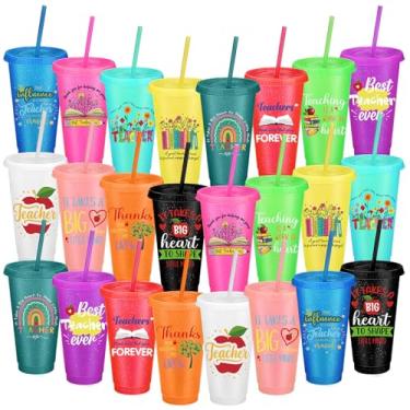 Imagem de Skylety Pacote com 24 presentes de agradecimento de professores de Natal, copos a granel para professores, copo com tampa de palha, 680 g, copos plásticos coloridos para professores, presentes de