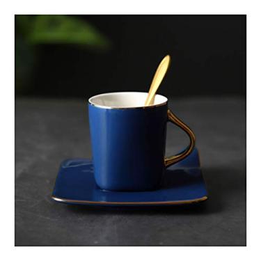 Imagem de Caneca de café de cerâmica 167 g e porta-copos copos de café expresso alça dourada ideal para café, cappuccinos, chá e caneca de café (cor: azul)