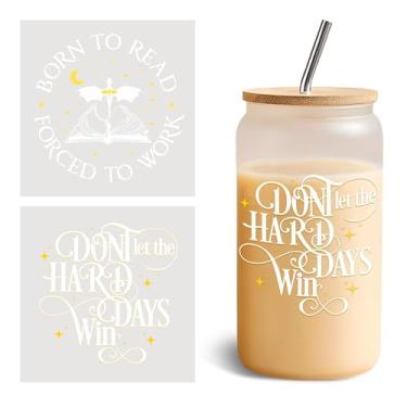 Imagem de Conjunto de 2 peças Don't Let The Hard Days Win UV DTF Cup Wraps para vidro de 473 ml, Born to Read Forced to Work, adesivos de transferência a frio para copos de vidro, ACOTAR Fourth Wing, Dragon