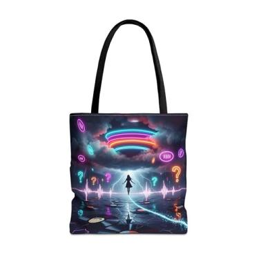 Imagem de Lair Gadgets Frequência da Wonder Tote Bag – Arte Neon Lightning e Soundwave com símbolos flutuantes, sacola de poliéster durável 45,7 x 45,7 cm com alças reforçadas
