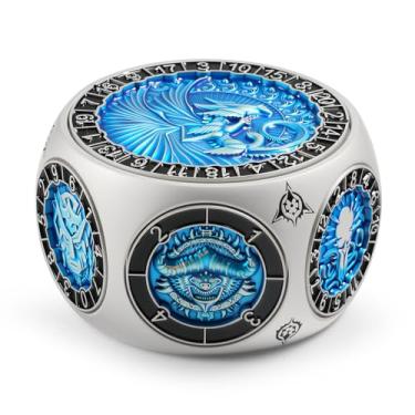 Imagem de DNDND Unique Hexagonal Spinner Metal Dice, 8-in-1 DND Dice with Dual D20 Monster Themed Dice Set for DND Dungeons and Dragons, Dungeon Masters with Collectible Gift Tin (Silver with Blue)