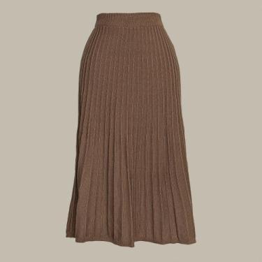 Imagem de Saia Plissada Midi Tricot Feminina - Michele Tricot, P, Conhaque