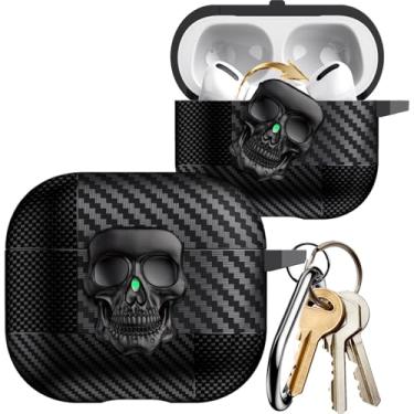 Imagem de YSNZAQ Capa com design de caveira para AirPods Pro 3, capa de fone de ouvido à prova de choque de grau militar de fibra de carbono legal com mosquetão e clipe de bloqueio seguro para AirPods Pro 3 KLT