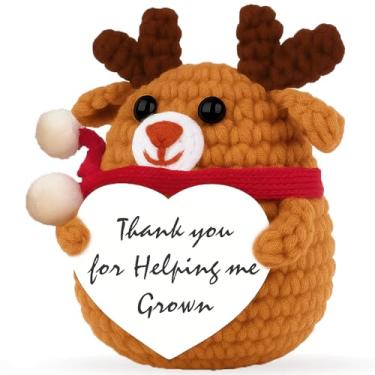 Imagem de Mini rena de crochê com cartão "Thank You for Helping Me Grown", cordão de pendurar feito à mão, presente de apreciação para professores, mentores, treinadores, pais, enfeite de mesa fofo, lembrança