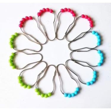 Imagem de 12 peças de contas de plástico acrílico coloridas rolantes, ganchos para cortina de chuveiro, anéis deslizantes