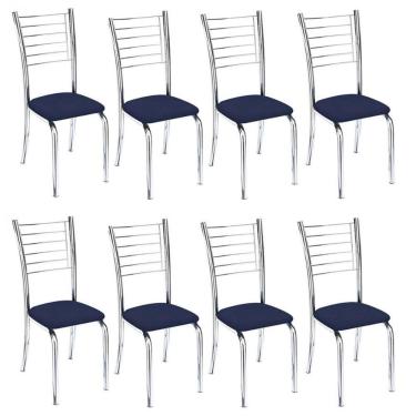 Imagem de Kit 8 Cadeiras De Jantar Lara Cromada Para Cozinha Assento Corino Azul Marinho - Aurora Line