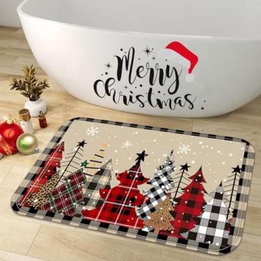 Imagem de Zussun Tapete de banheiro de Natal xadrez buffalo, pinheiro, inverno, floco de neve, tapete de banho 81 x 40 cm, absorvente de água, antiderrapante, lavável, tapete de banho de espuma viscoelástica