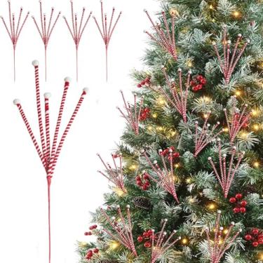 Imagem de Egolot 12 peças de palitos de bengala de doces de Natal para topo de árvore de Natal, palhetas vermelhas e brancas, sprays para guirlanda de Natal, vasos de mesa, enfeites de bengala de doces