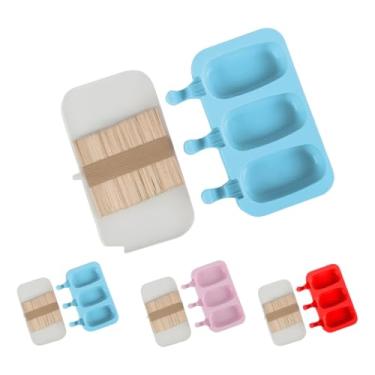Imagem de Forma de Picolé em Silicone, 3 Cavidades, 85ml cada, Molde para Sorvetes e Sobremesas Geladas, Azul Rosa e Vermelho, com Palitos de Madeira, Empilhável e Dobrável