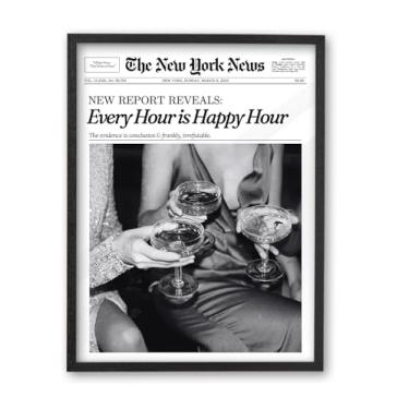 Imagem de iHery Arte de parede emoldurada premium de madeira de carvalho preto natural 40,6 x 50,8 cm Trendy Every Hour is Happy Hour, pôsteres estéticos retrô, decoração de parede em tela para dormitório