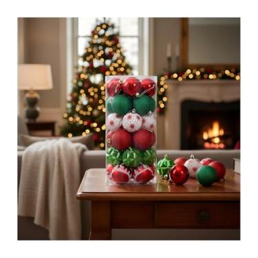 Imagem de Kit 30 Bolas De Natal 6cm Grande Mista Enfeites Natalino Árvore Decorada Pinheiro Decoração Presente Ornamentos Festa Christmas Ball Natalina (Verde-Vermelho-Branco)