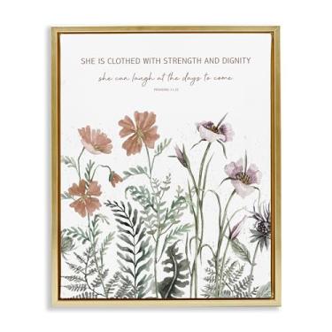 Imagem de Stupell Industries Arte de parede em tela flutuante com moldura dourada Clothed with Strength Botanicals, design de Cindy Jacobs, 53 x 43 cm