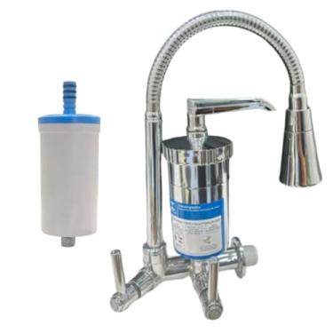 Imagem de Torneira de Cozinha com Filtro Gourmet de Parede Tubo Flexível De 1/4 Volta Em Abs Prata Arejador 2 Jatos + Refil (Prata)