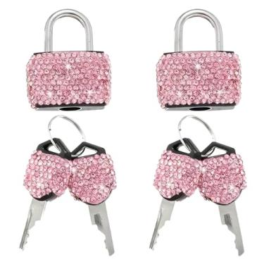 Imagem de 2 peças de mini fechaduras com chaves com strass brilhantes, cadeados de metal brilhante para bagagem, armário, mala, mochila, caixas e bolsa para laptop (rosa)