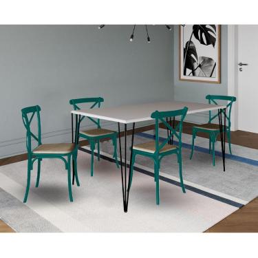 Imagem de Conjunto De Mesa Elen Retangular 140X80Cm Branco Com 4 Cadeiras Katrina Azul Turque - Branco