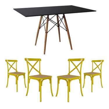 Imagem de Conjunto De Mesa Eiffel Retangular Tampo De Madeira 120X75Cm Preto Com 4 Cadeiras Katrina Amarela