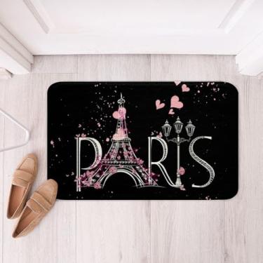 Imagem de Tapete de banheiro Torre Eiffel Chic Paris antiderrapante absorvente tapete de banho tapete tema romântico macio aconchegante tapete preto rosa decoração de casa para quarto sala de estar moderno francês interior tapetes de entrada 40,64 cm x 61 cm