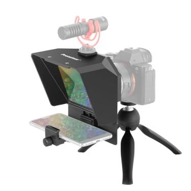 Imagem de AMBITFUL Teleprompter de 7,5 polegadas com tripé de mesa para smartphone e câmera DSLR, clipe de telefone ajustável e anel de adaptação de câmera, para transmissão ao vivo, entrevistas