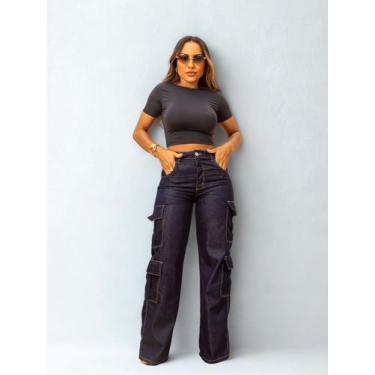 Imagem de Calça Feminina Razon Jeans Wide Leg Cargo 4 Bolsos Fit Lavagem Amaciad