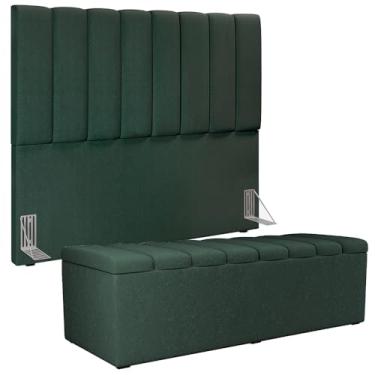 Imagem de Kit Cabeceira Cama Box Casal 140 Cm Calçadeira Recamier Baú Dália W01 Linho Verde Musgo - Lyam Decor