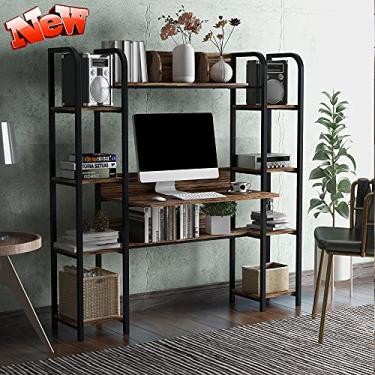 Imagem de Versão atualizada, mesa de computador para escritório, PC, laptop, mesa de estudo, estilo industrial, com prateleira de armazenamento e estante dupla, estação de trabalho com estante para livros