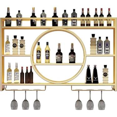 Imagem de Rack de exibição de vinho preto moderno de metal montado na parede - rack de vinho redondo industrial unidade de bar prateleiras flutuantes rack de vidro suporte de exibição de ferro para bares de