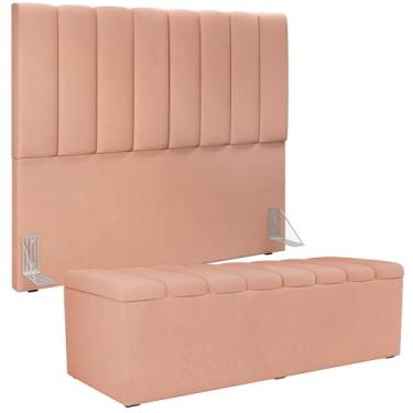 Imagem de Kit Cabeceira Cama Box Casal 140 Cm Com Calçadeira Recamier Baú Dália W01 Linho Rosê - Lyam Decor