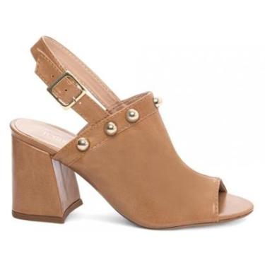 Imagem de Sandália Feminina Ankle Boot Salto Alto Grosso 7cm Apliques Dourados Caramelo-Feminino