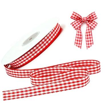 Imagem de CHIVOLONA Fita de guingão vermelha e branca, rolo xadrez vermelho de 9,5 cm x 1,5 m para embrulho de presente, laços de cabelo, artesanato de presente de Natal ou aniversário DIY