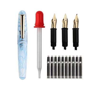Imagem de SIPLIV Majohn Q2 mini caneta-tinteiro de resina tamanho bolso caneta de viagem irídio ponta fina caneta-tinteiro com 3 pontas, conta-gotas de tamanho curto e 20 cartuchos de tinta preta - azul