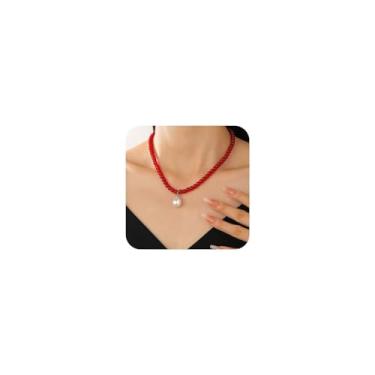 Imagem de Colar de contas vermelho e verde estilo japonês-coreano - gota de água preto e vermelho pingente de pérola corrente de clavícula curta ideal para uso diário datas presente (vermelho)