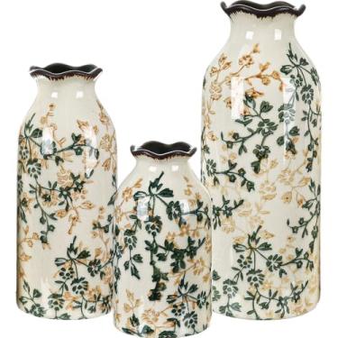 Imagem de Ninehaoou Vaso vintage verde e bege, 3 peças, vaso floral chinês rachado para decoração de mesa de mesa de sala de estar rústica (pequeno, médio e grande)