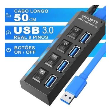 Imagem de Hub USB 3.0 com 4 Portas, Botão Liga/Desliga, Expansor de Conectividade para Computador