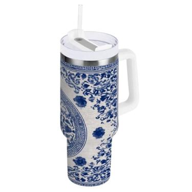 Imagem de Blueangle Copo isolado de 1,134 g com alça e tampa de canudo - Caneca de viagem de aço inoxidável à prova de vazamento, garrafa de água estilo porcelana azul e branca a vácuo de parede dupla (773)