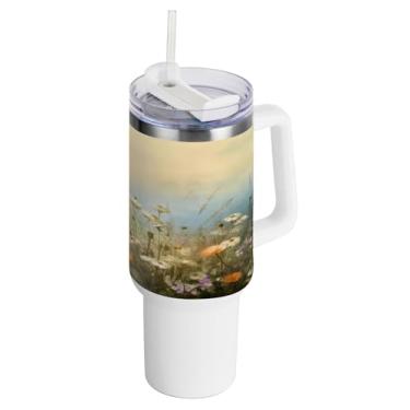 Imagem de xigua Copo vintage de flores silvestres de 1,134 g com alça e canudo, aço inoxidável duplo isolado a vácuo garrafa de água suporte de copo de garrafa de água amigável à prova de vazamento copo de