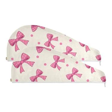 Imagem de SEHANY Linda toalha de cabelo de microfibra com laço rosa para mulheres, 2 peças, turbantes de cabelo de secagem rápida com botão, touca de cabelo seco absorvente toalha de secagem de cabelo para