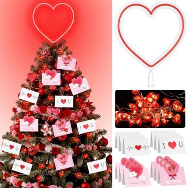 Imagem de Copkim Topo de árvore de 28 cm para o dia dos namorados com cordão de luzes e cartões, decoração de sinal neon rosa grande, decoração de árvore de coração, com luzes de LED, operado por bateria ou