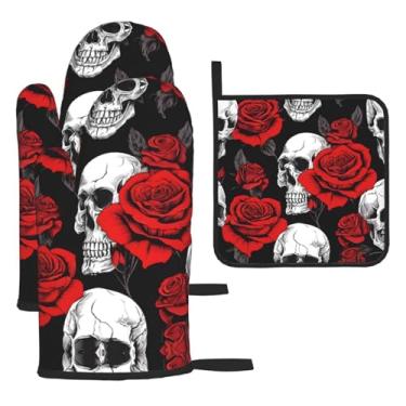 Imagem de Crânio de Halloween - Conjunto de cozinha essencial com 3 peças, luvas resistentes ao calor e alça de tampa, proteção para churrasco no forno, design de armazenamento suspenso.