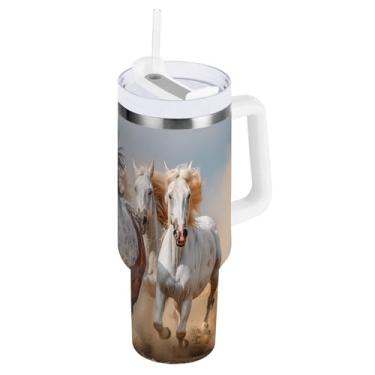 Imagem de Kigai Copo de corrida de 1,134 g com tampa e canudo, copo isolado de aço inoxidável durável à prova de vazamento com alça, garrafas de água à prova de derramamento para viagens