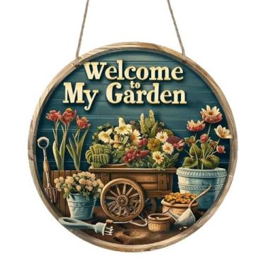 Imagem de Placa decorativa rústica Welcome to My Garden – 15 x 15 cm arte de parede plana de madeira redonda com design floral, perfeita para placas decorativas de casa e jardim