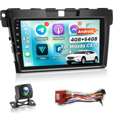Imagem de Rádio veicular 4G + 64G para Mazda CX-7 CX7 CX 7 2007 2008-2014 - Carplay sem fio e Android Auto - Estéreo Android 13 de 9 polegadas com 32 EQ DSP, WiFi 5G, GPS, SWC + câmera de visão traseira AHD
