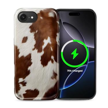 Imagem de Kapadiy Capa magnética para iPhone 16e, compatível com MagSafe Cowgirl, marrom, branco, design malhado, híbrido, proteção dupla de silicone + capa protetora de policarbonato rígido à prova de choque