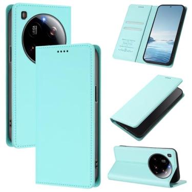 Imagem de Capa carteira fina para Xiaomi 15 Ultra com capa flip magnética, compartimentos para cartões e suporte, bloqueio RFID, compatível com carregamento sem fio, capa protetora à prova de choque (menta)